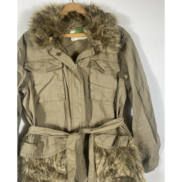 Anthropologie Faux Fur Trimmed Field Jacket Medium Military Boho Belted Womens - Picture 5 of 10